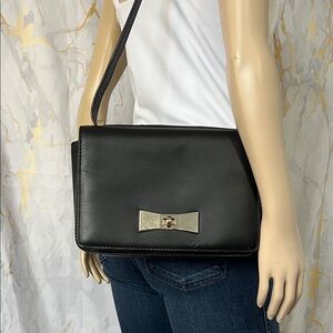 Kate Spade Black Leather Shoulder Bag with Silver Bow Accent